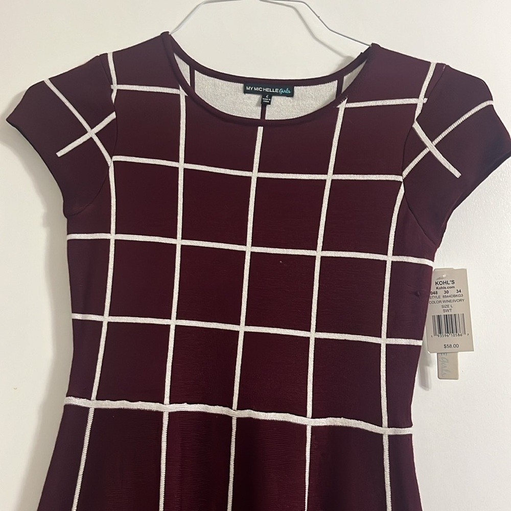 My Michelle Girls Dress Windowpane Fit Flare Size L / 14 color Wine and Ivory - Picture 6 of 16